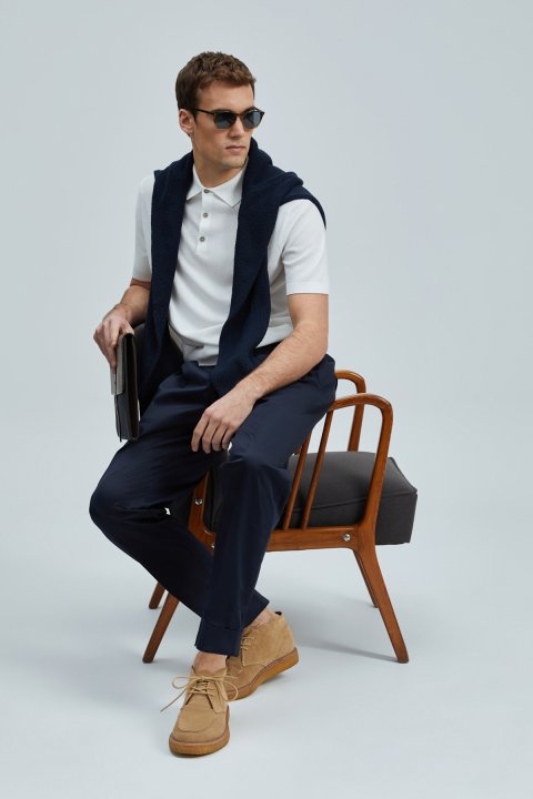 Albert Smart Men's Chino Pants Comfort Pleated Navy Blue - Lufian