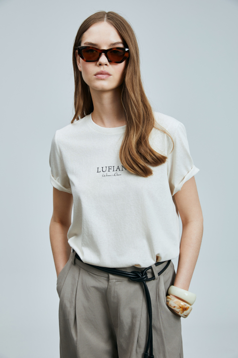 Amy Kadın Pamuklu T- Shırt Kırık Beyaz - Lufian