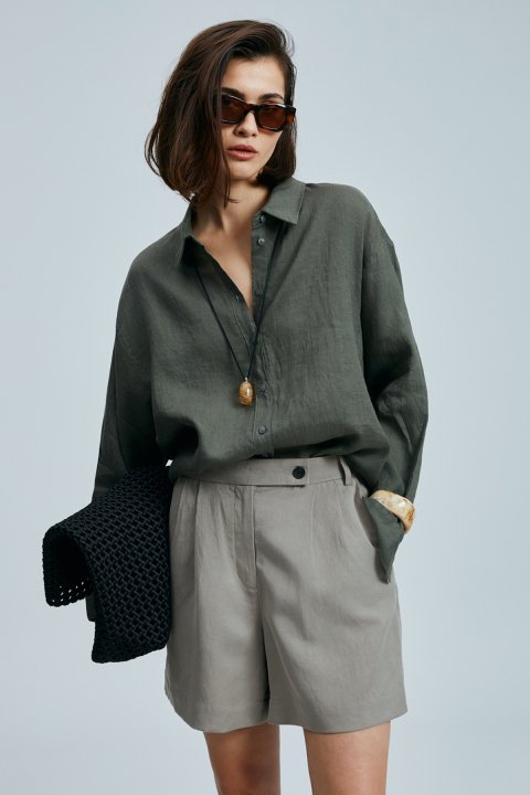 Barrı Kadın Keten Gömlek Haki - Lufian