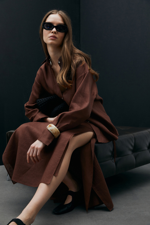 Barrı Kadın Keten Gömlek Kahverengi - Lufian