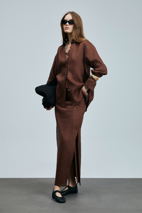 Barrı Kadın Keten Gömlek Kahverengi - Lufian (1)