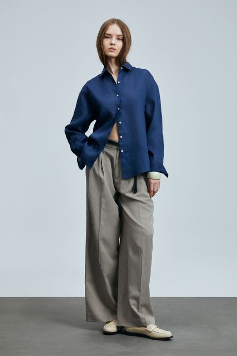 Barrı Kadın Keten Gömlek Lacivert - Lufian (1)