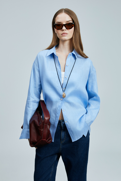 Barrı Kadın Keten Gömlek Mavi - Lufian
