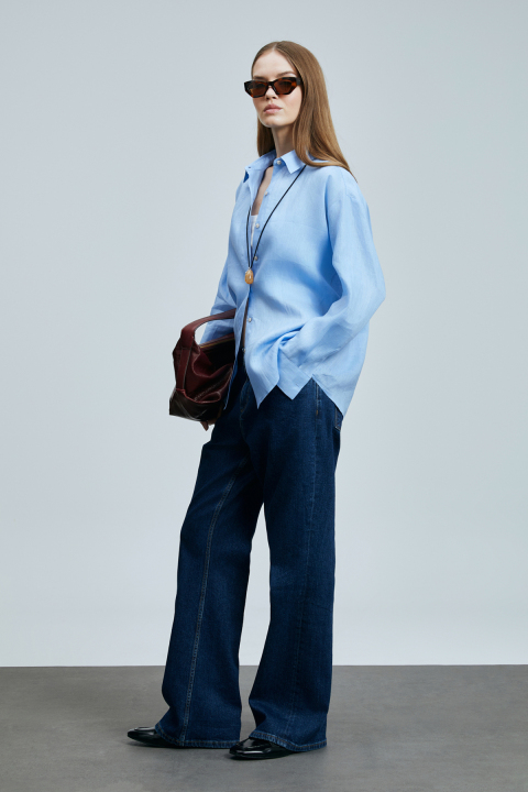 Barrı Kadın Keten Gömlek Mavi - Lufian (1)