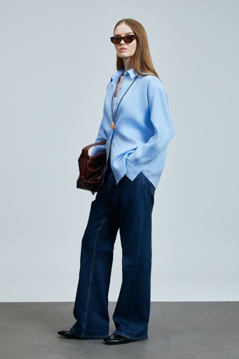 Barrı Kadın Keten Gömlek Mavi - Lufian (1)