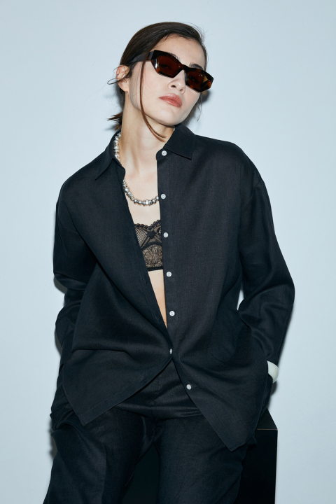 Barrı Kadın Keten Gömlek Siyah - Lufian