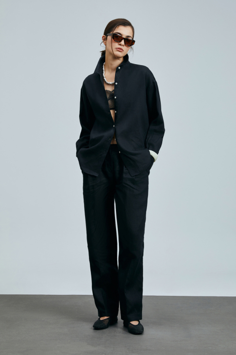 Barrı Kadın Keten Gömlek Siyah - Lufian (1)