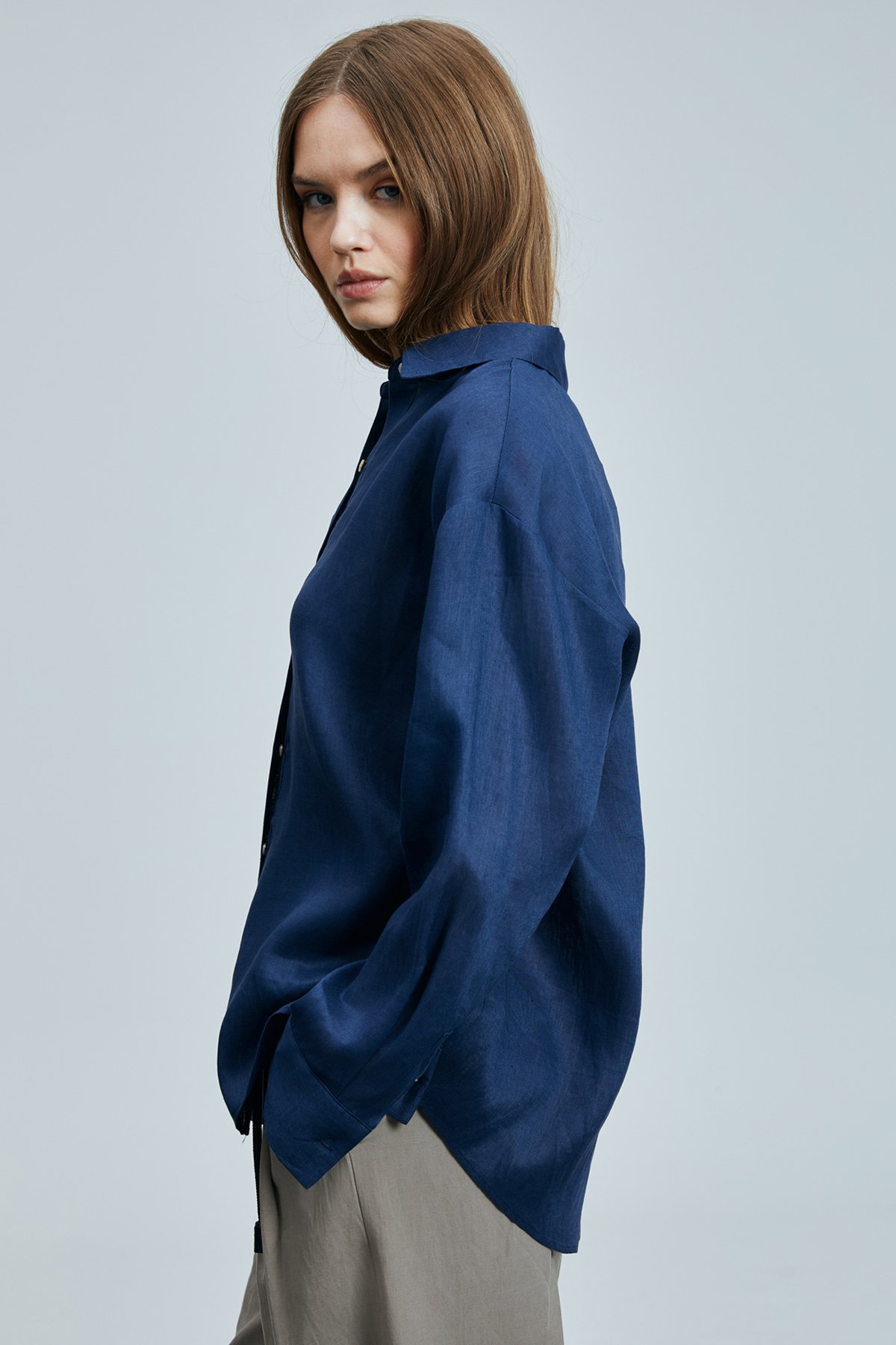 Barrı Women's Linen Shirt Navy Blue - LUFIAN