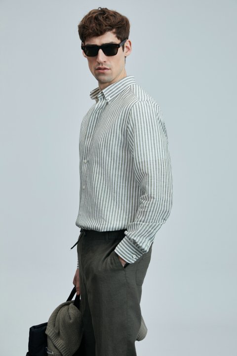 Bert Men's Linen Cotton Shirt Regular Fit Green - Lufian (1)
