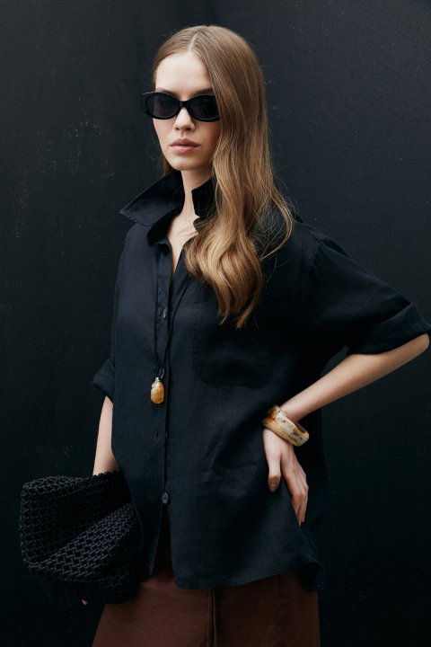 Born Kadın Keten Gömlek Siyah - Lufian (1)