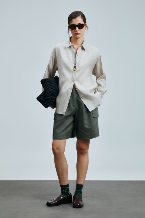 Carmenta Women's Linen Shorts Khaki - LUFIAN (1)