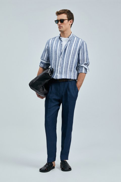 Conroy Men's Linen Shirt Regular Fit Navy Blue - Lufian