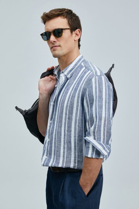 Conroy Herren-Leinenhemd Regular Fit Marineblau - LUFIAN (1)