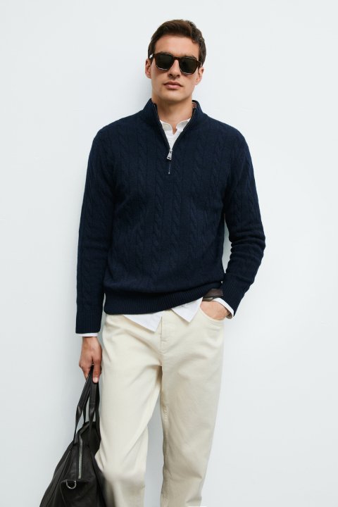 Domınıc Strickpullover aus Wollmischung mit Reißverschluss und Stehkragen Marineblau - LUFIAN