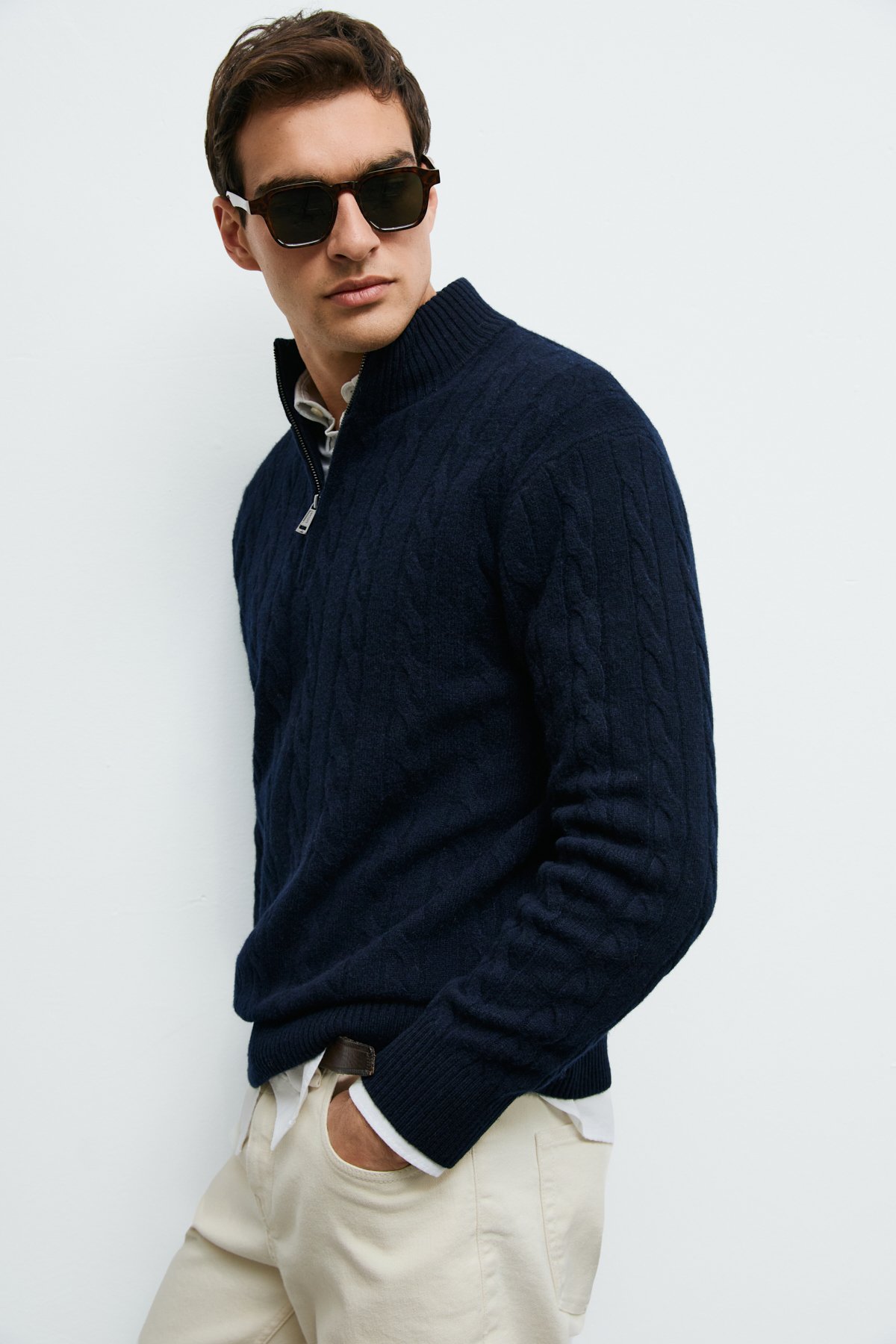 Dominic Strickpullover aus Wollmischung mit Reißverschluss und Stehkragen Marineblau - LUFIAN