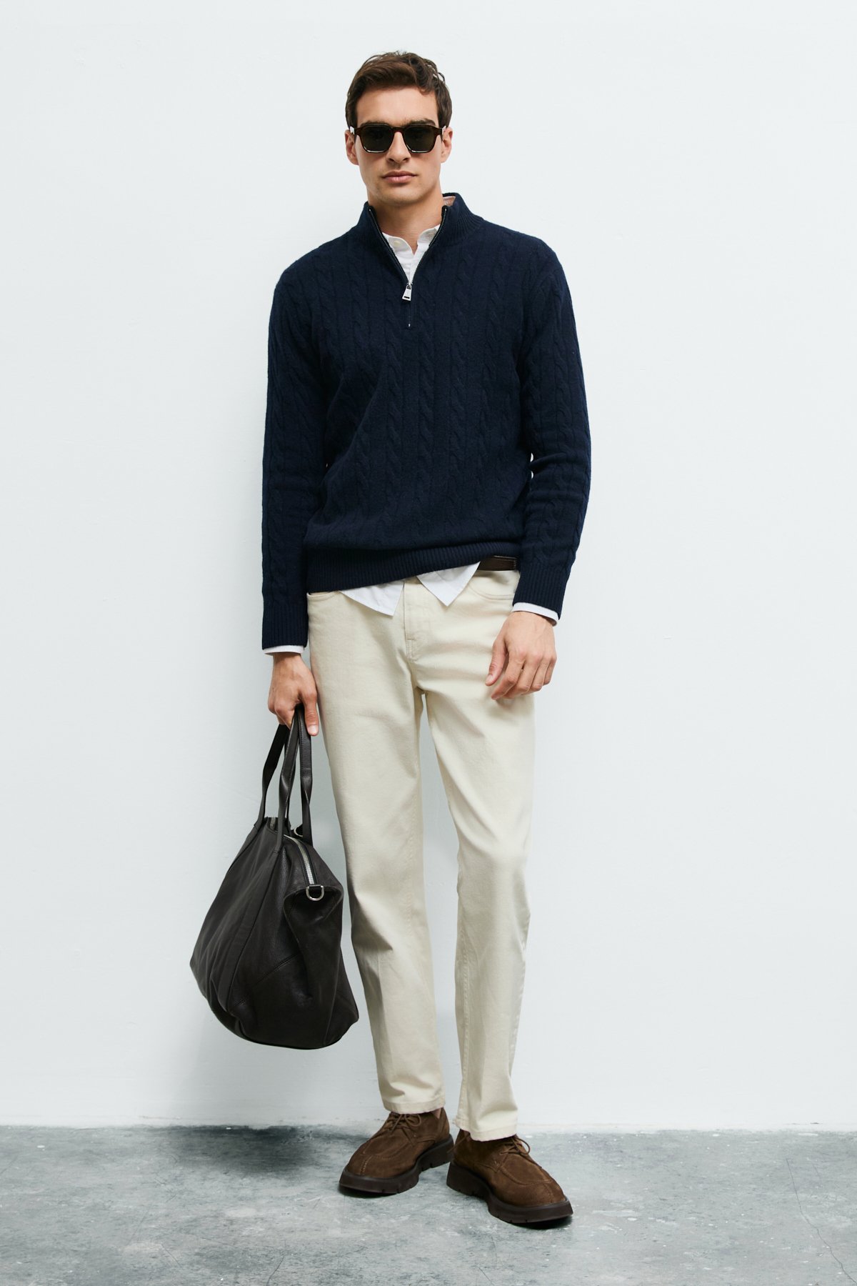 Dominic Strickpullover aus Wollmischung mit Reißverschluss und Stehkragen Marineblau - LUFIAN