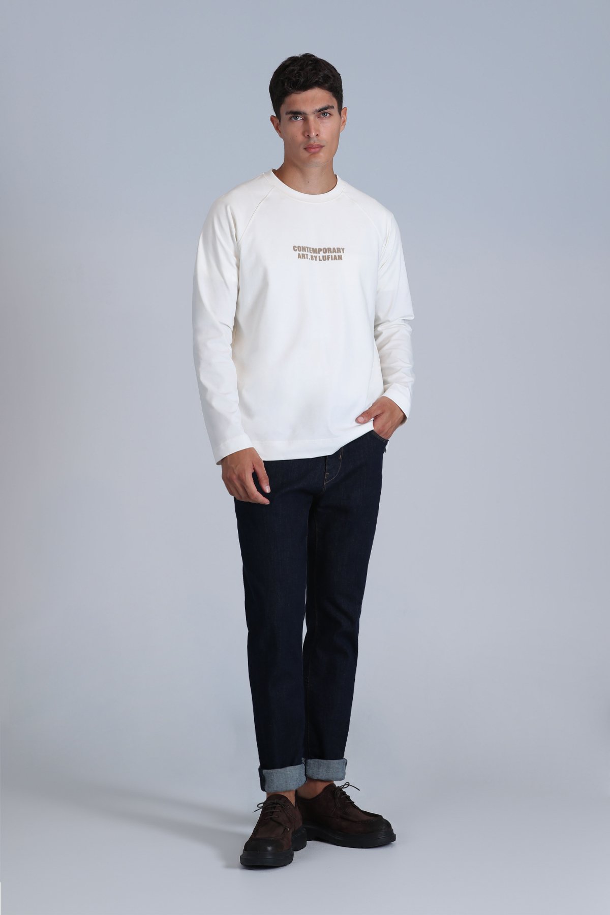 Holly Herren-Langarm-T-Shirt in Off-White - LUFIAN (1)