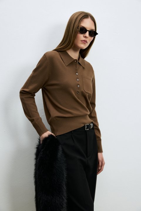 Laura Polo-Strickpullover aus Wollmischung Hellbraun - LUFIAN