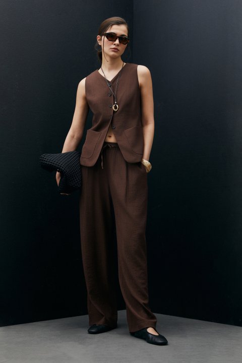Dıana Elastic Waist Flowy Trousers Brown - LUFIAN