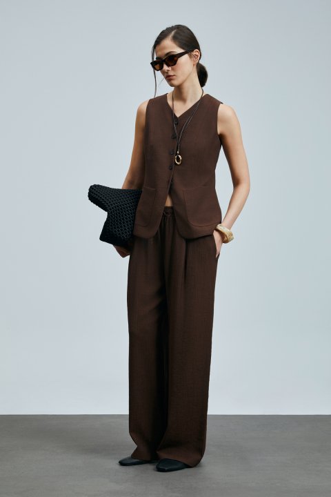 Dıana Elastic Waist Flowy Trousers Brown - LUFIAN (1)