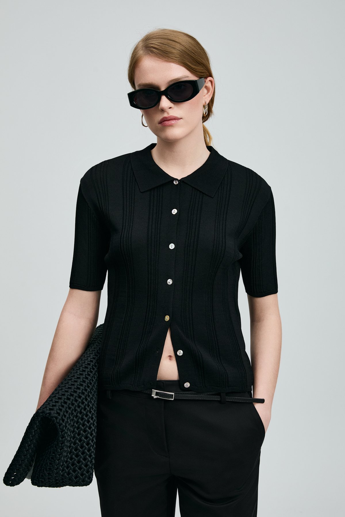 35% Acrylıc 27% Polyester 21%ptt 9% Nylon 6% Camel 2% Spandex Women's Knıtwear Shırt Black - Lufian