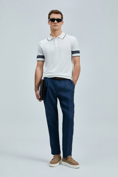 Alberto Smart Men's Chino Pants Comfort Pleated Navy Blue - LUFIAN