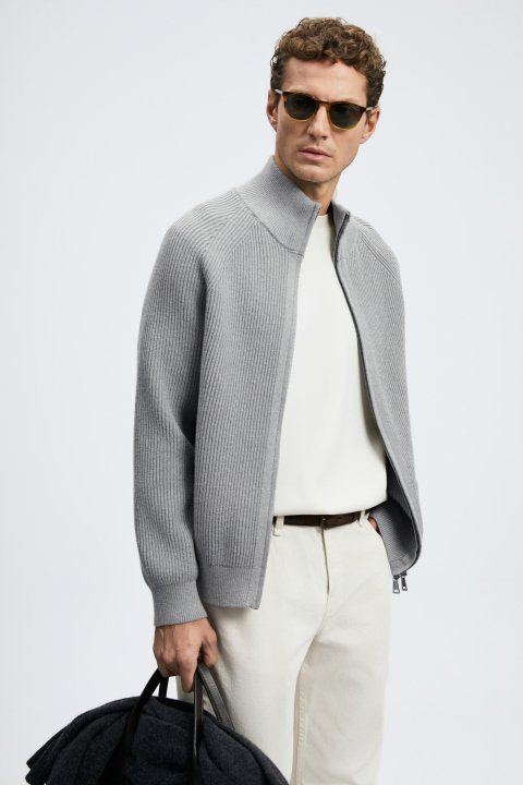 Ardan Cotton Blend Zip-Up Stand Collar Knit Cardigan Mink - LUFIAN
