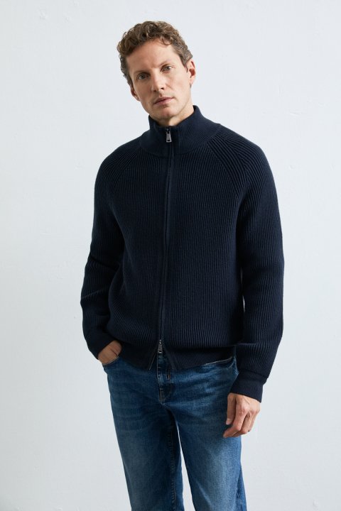 Ardan Cotton Blend Zip-Up Stand Collar Knit Cardigan Navy Blue - LUFIAN