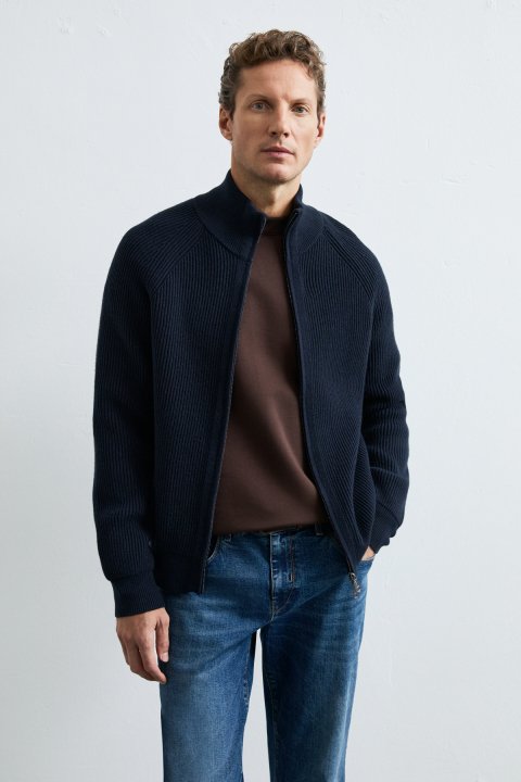 Ardan Cotton Blend Zip-Up Stand Collar Knit Cardigan Navy Blue - LUFIAN