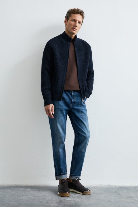 Ardan Cotton Blend Zip-Up Stand Collar Knit Cardigan Navy Blue - LUFIAN