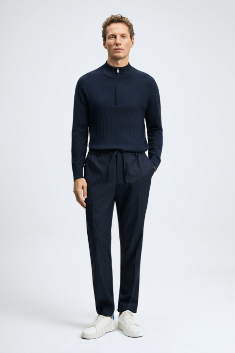 Asher Zip-Up Stand Collar Knit Sweater Navy Blue - LUFIAN