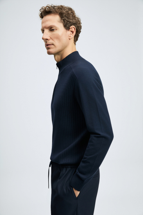 Asher Zip-Up Stand Collar Knit Sweater Navy Blue - LUFIAN