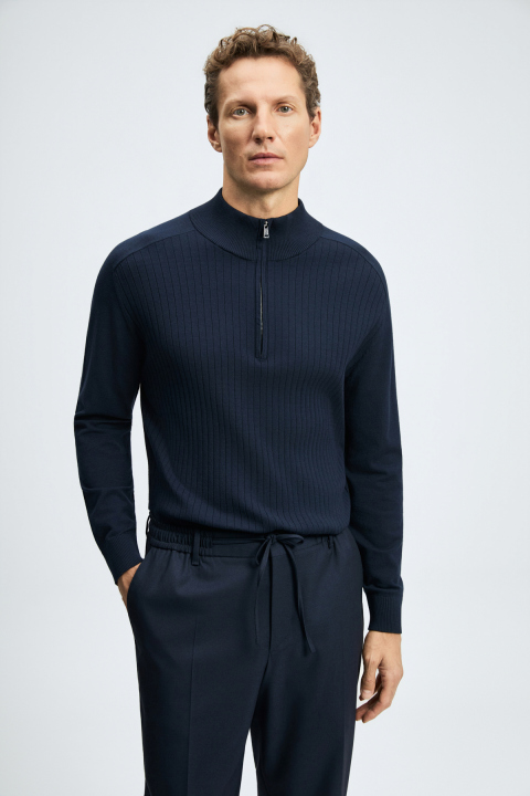 Asher Zip-Up Stand Collar Knit Sweater Navy Blue - LUFIAN