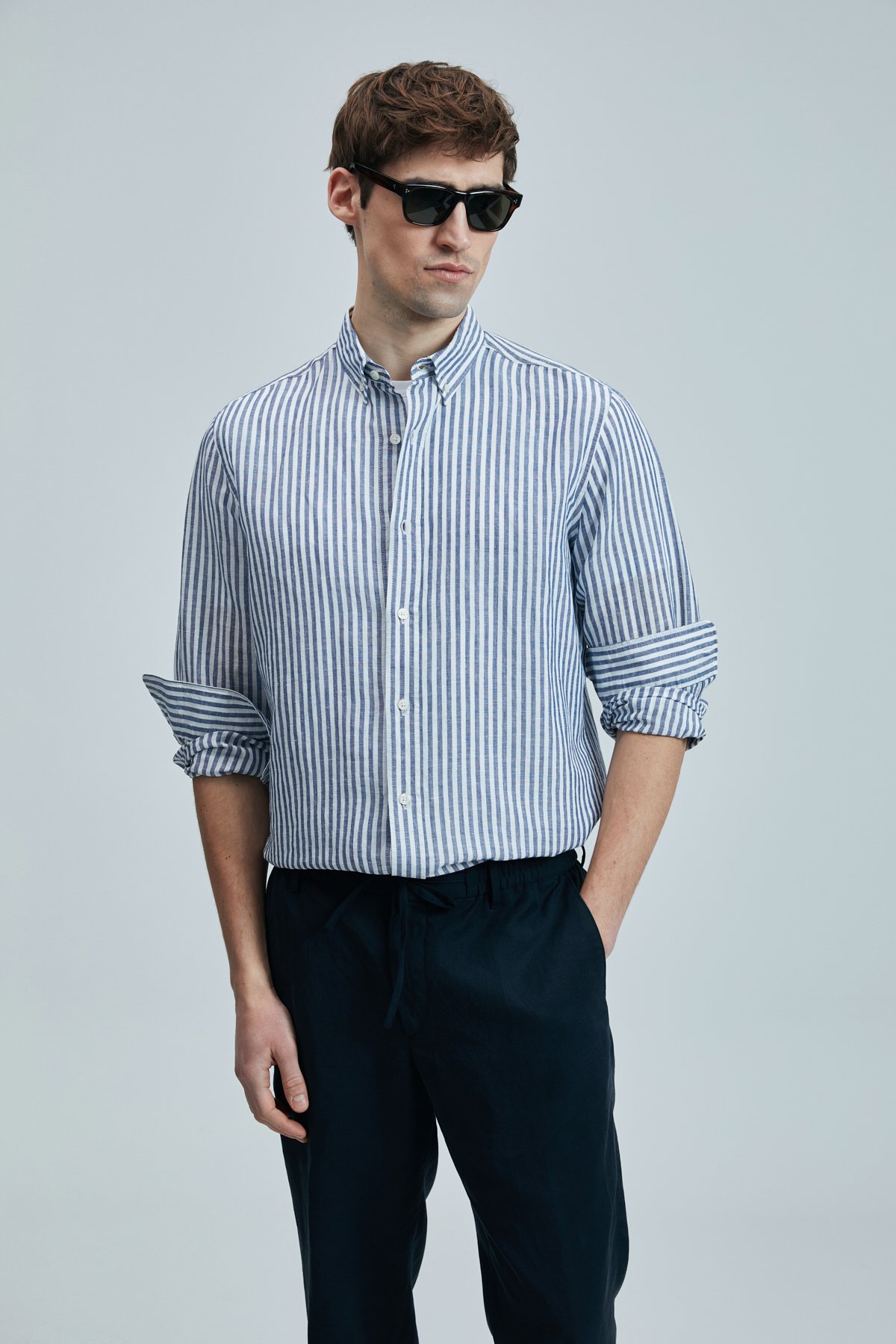 Bert Men's Linen Cotton Shirt Regular Fit Navy Blue - LUFIAN