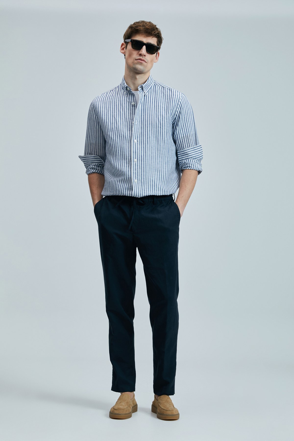 Bert Men's Linen Cotton Shirt Regular Fit Navy Blue - LUFIAN