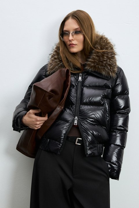 Daısy Women's Fur-Trimmed Shiny Goose Down Puffer Jacket Black - LUFIAN