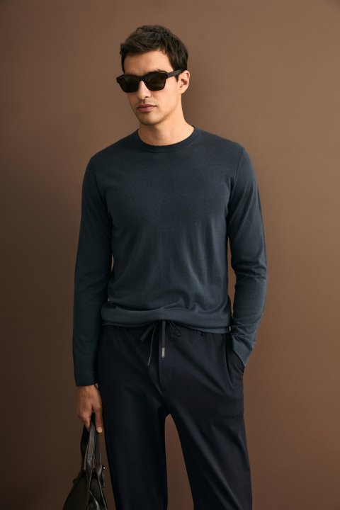 Dean Wool Blend Crew Neck Knit Sweater Petrol Blue - Lufian