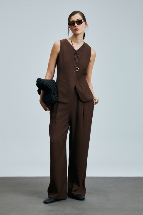 Dıana Elastic Waist Flowy Trousers Brown - LUFIAN