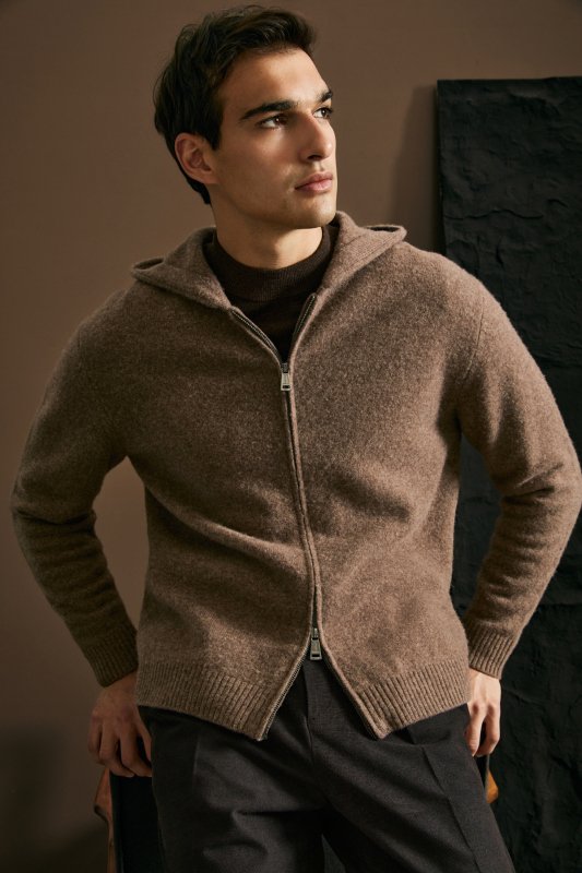 Diego Cotton Blend Hooded Zip-Up Knit Cardigan Beige