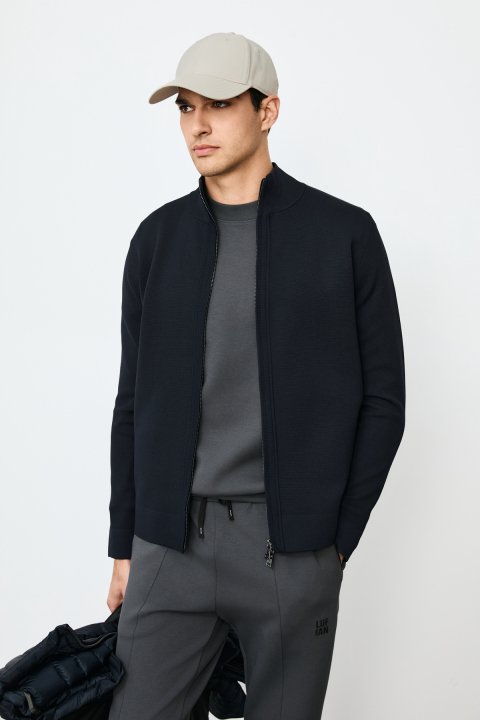 Enrico Zip-Up Stand Collar Knit Cardigan Navy Blue - LUFIAN