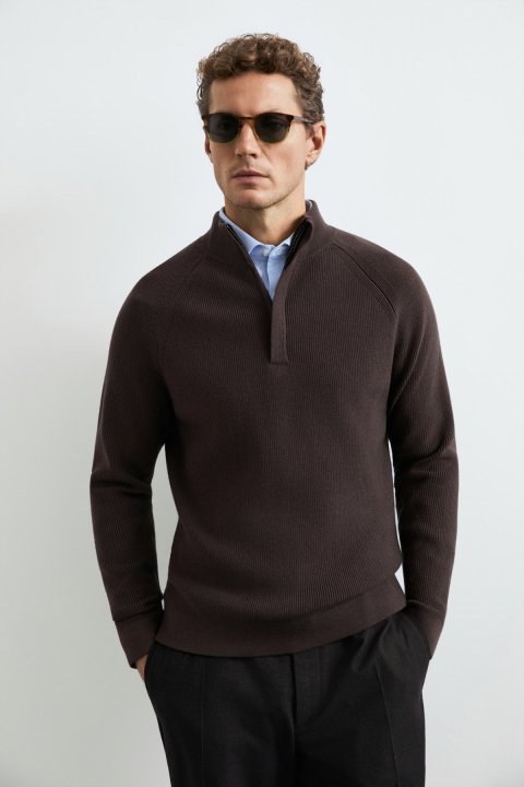 Gabi Cotton Blend Zip-Up Stand Collar Knit Sweater Brown - LUFIAN