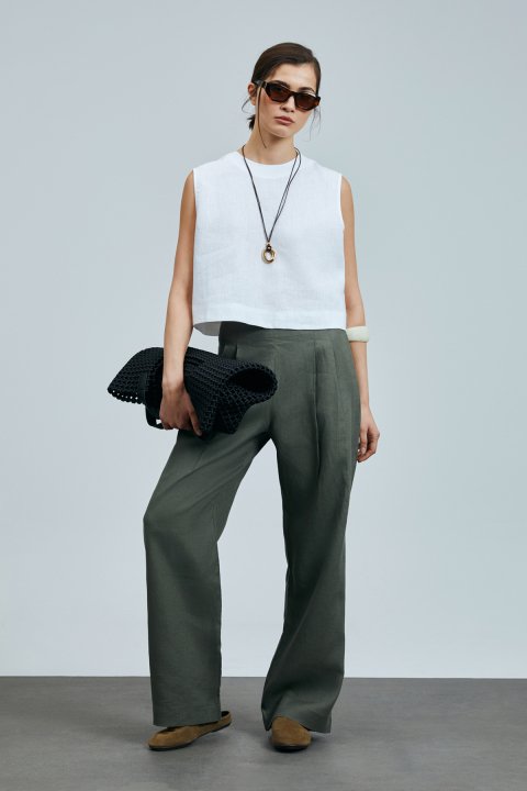 Hestıa Double Pleated Linen Trousers with Forceps Detail Khaki - LUFIAN
