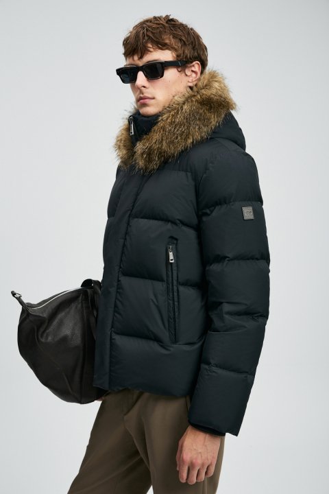 Josep Men's Goose Down Puffer Jacket with Detachable Fur-Trimmed Hood Black - LUFIAN