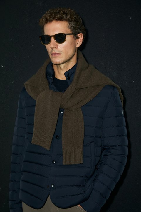 June Men's Snap-Button Goose Down Puffer Jacket Navy Blue - LUFIAN