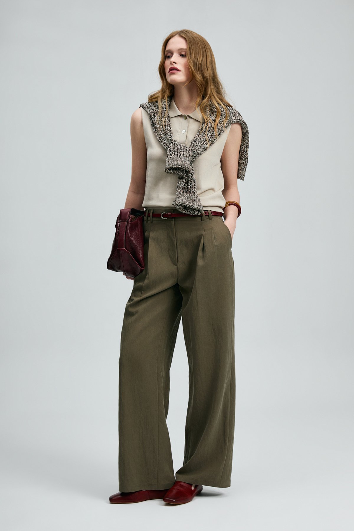 Kate Pinstriped Palazzo Pants Khaki - LUFIAN