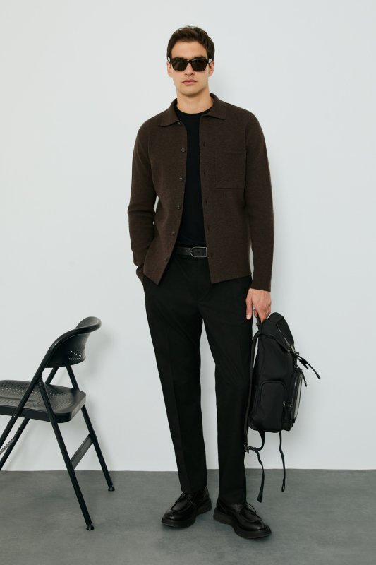 Liber Wool Blend Buttoned Polo Collar Cardigan Brown