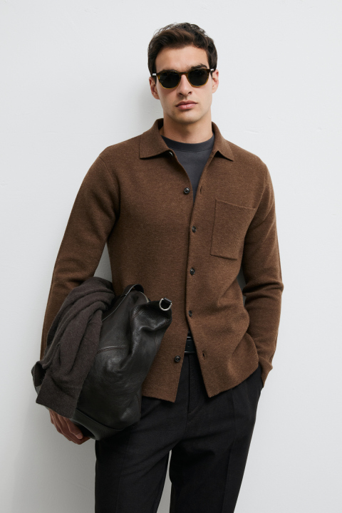 Lıber Wool Blend Buttoned Polo Collar Cardigan Camel - LUFIAN