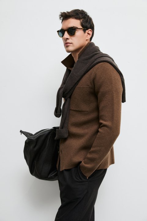 Lıber Wool Blend Buttoned Polo Collar Cardigan Camel - LUFIAN
