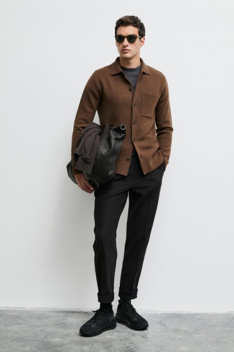Lıber Wool Blend Buttoned Polo Collar Cardigan Camel - LUFIAN