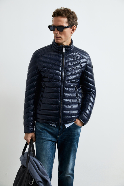 Luc Men's Goose Down Shiny Puffer Jacket Navy Blue - Lufian
